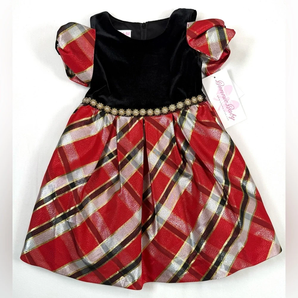 NWT BONNIE BABY Girl Red Plaid Velvet Holiday Dress Shoulder Bow Sleeves 24M NEW